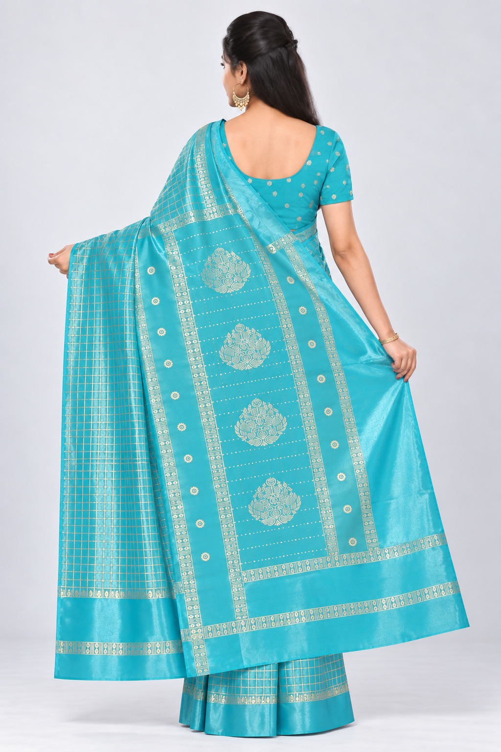 Back view of PARIS BEAUTY aqua blue Turkey Silk saree with gold-tone checks, decorative border and ornamental pallu.
