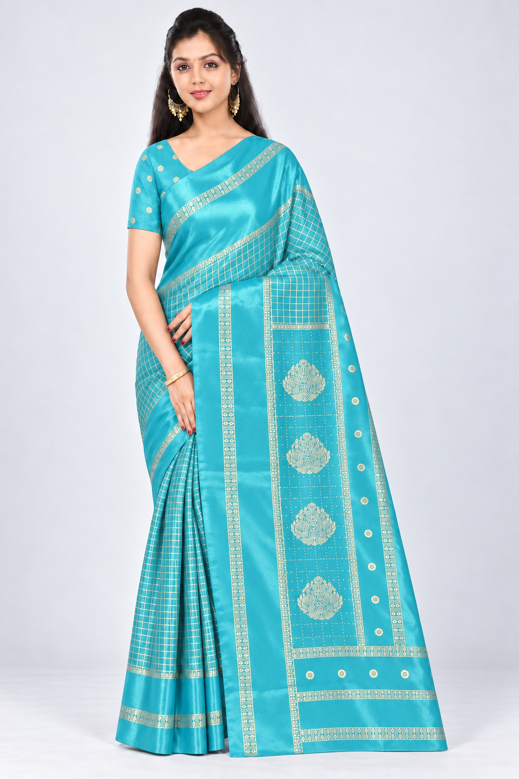 Front view of PARIS BEAUTY aqua blue Turkey Silk saree with gold-tone checks, decorative border and ornamental pallu.