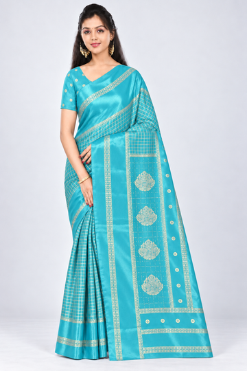 Front view of PARIS BEAUTY aqua blue Turkey Silk saree with gold-tone checks, decorative border and ornamental pallu.