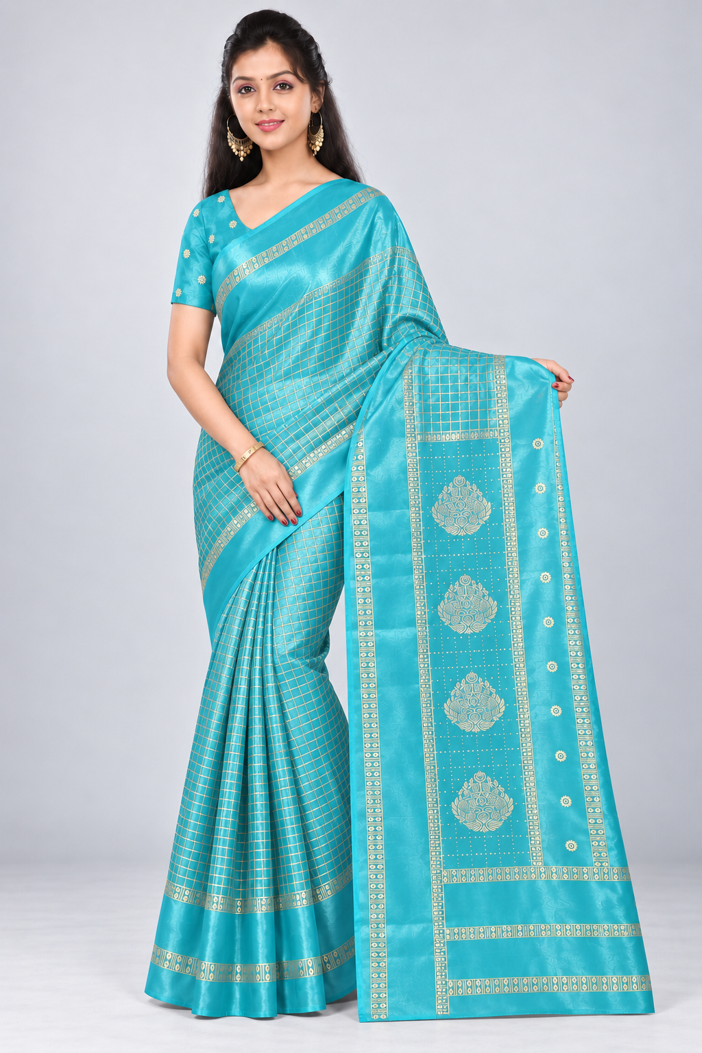 Front view with pallu extended of PARIS BEAUTY aqua blue Turkey Silk saree with gold-tone checks, decorative border and ornamental pallu.