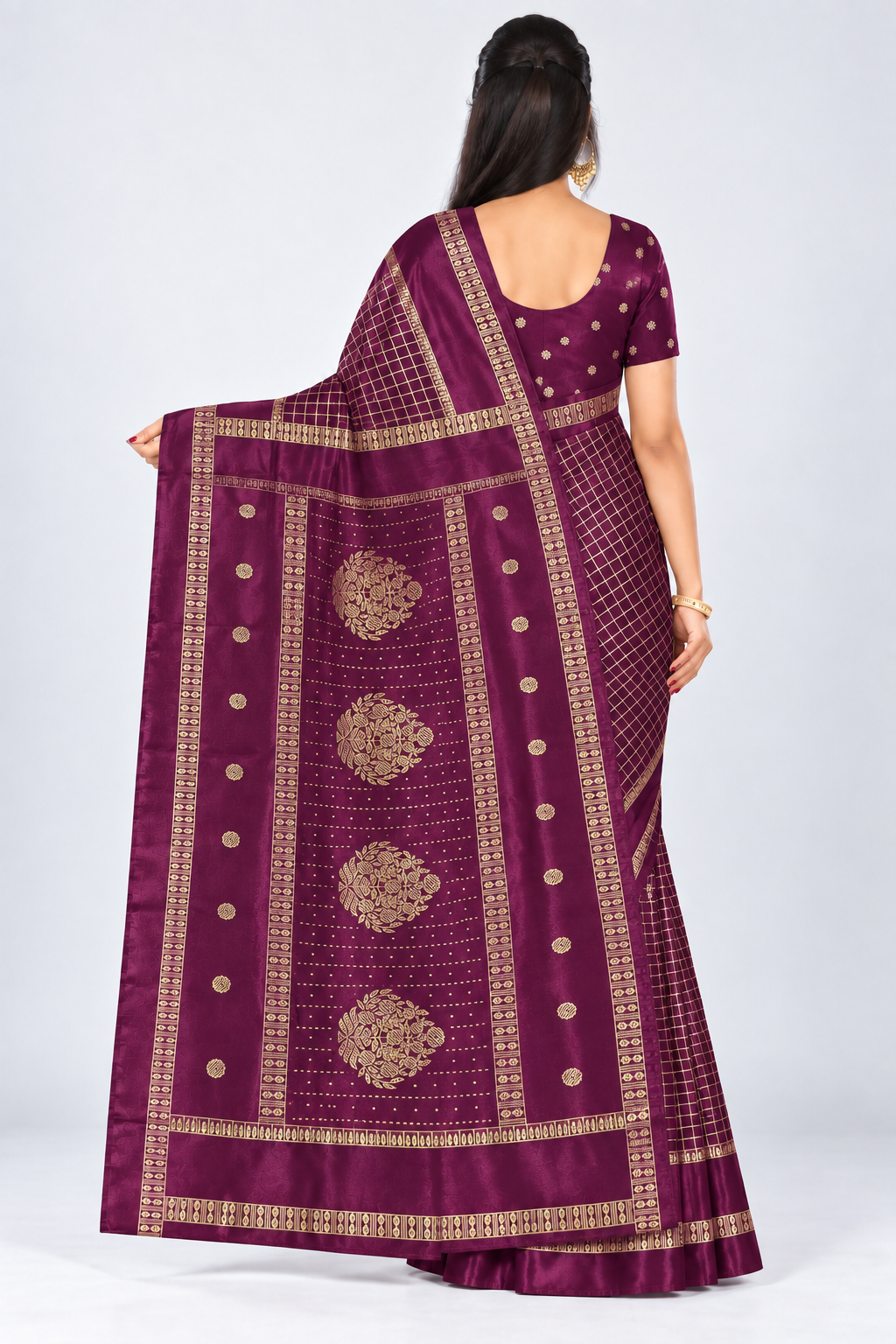Back view of PARIS BEAUTY deep plum Turkey Silk saree with gold-tone checks, decorative border and ornamental pallu.
