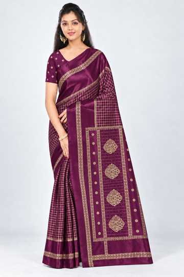 Front view of PARIS BEAUTY deep plum Turkey Silk saree with gold-tone checks, decorative border and ornamental pallu.