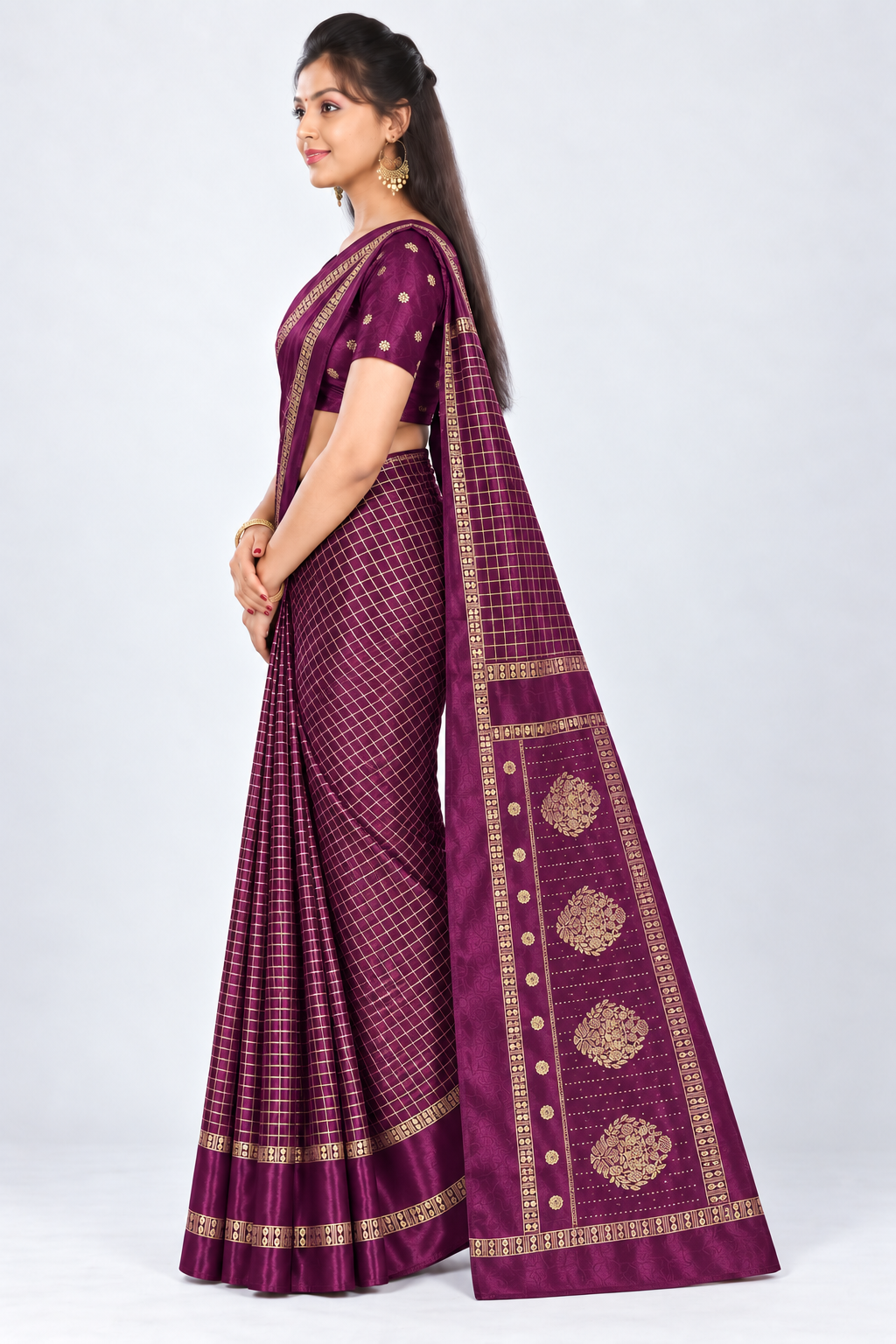 Side view of PARIS BEAUTY deep plum Turkey Silk saree with gold-tone checks, decorative border and ornamental pallu.