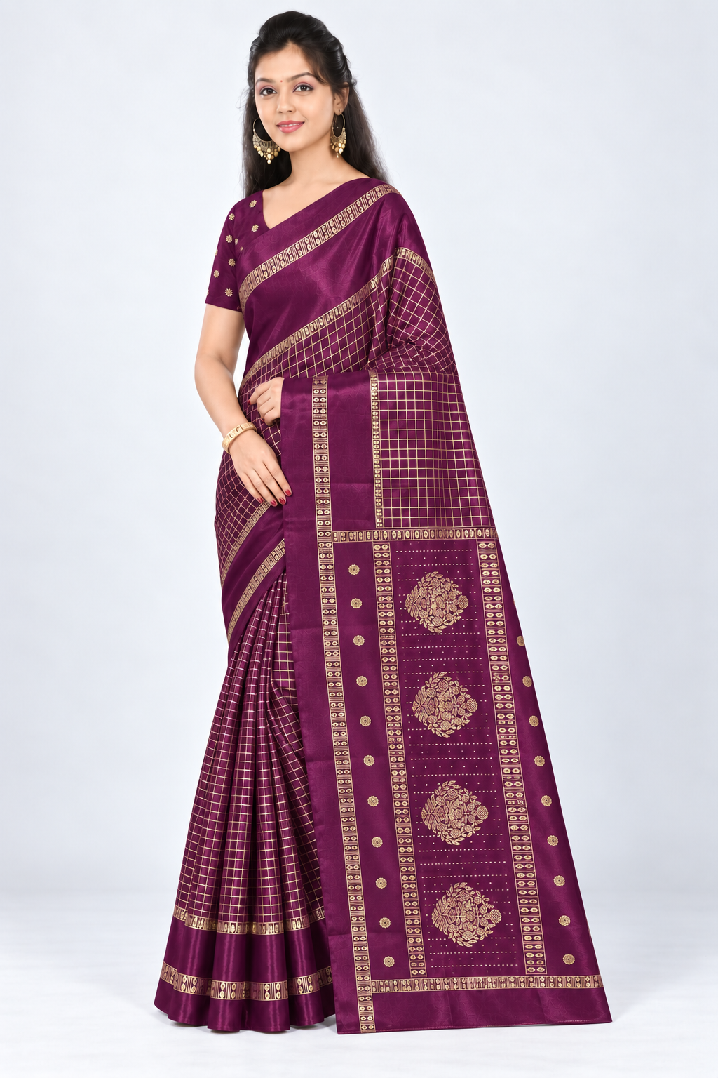 Three-quarter view of PARIS BEAUTY deep plum Turkey Silk saree with gold-tone checks, decorative border and ornamental pallu.