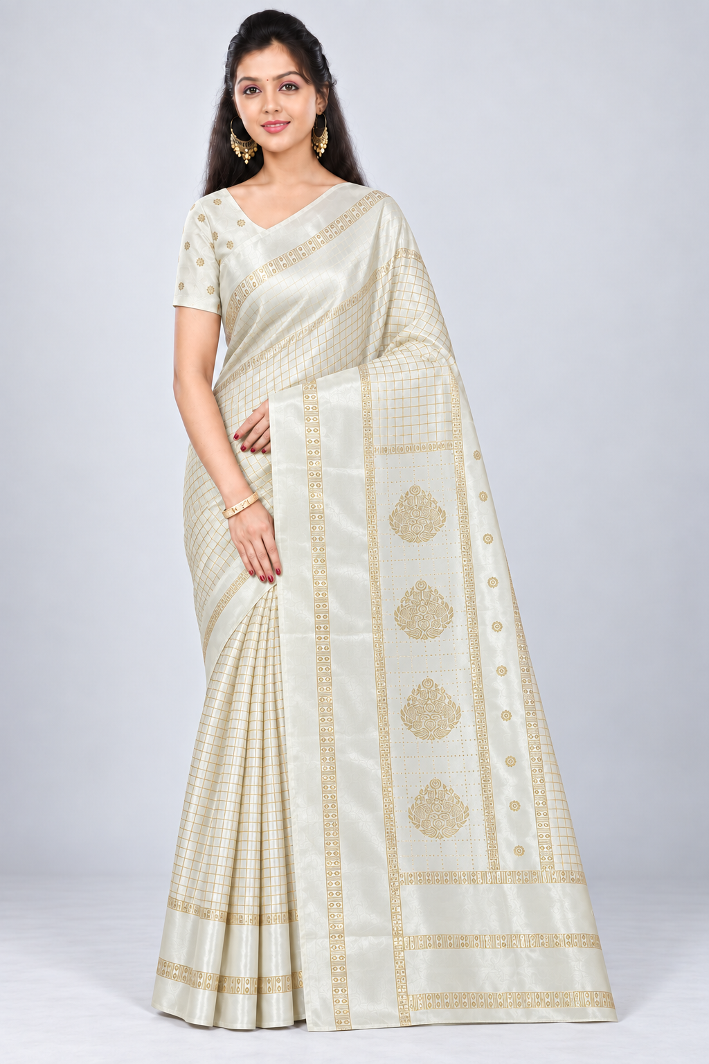 Front view of PARIS BEAUTY ivory Turkey Silk saree with gold-tone checks, broad border and decorative pallu.