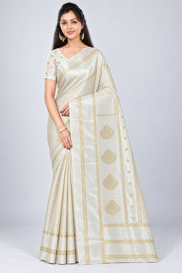 Front view of PARIS BEAUTY ivory Turkey Silk saree with gold-tone checks, broad border and decorative pallu.