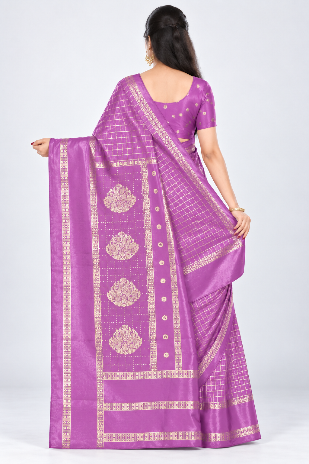 Back view of PARIS BEAUTY light orchid purple Turkey Silk saree with gold-tone checks, decorative border and ornamental pallu.