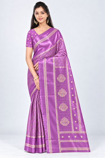 Front view of PARIS BEAUTY light orchid purple Turkey Silk saree with gold-tone checks, decorative border and ornamental pallu.
