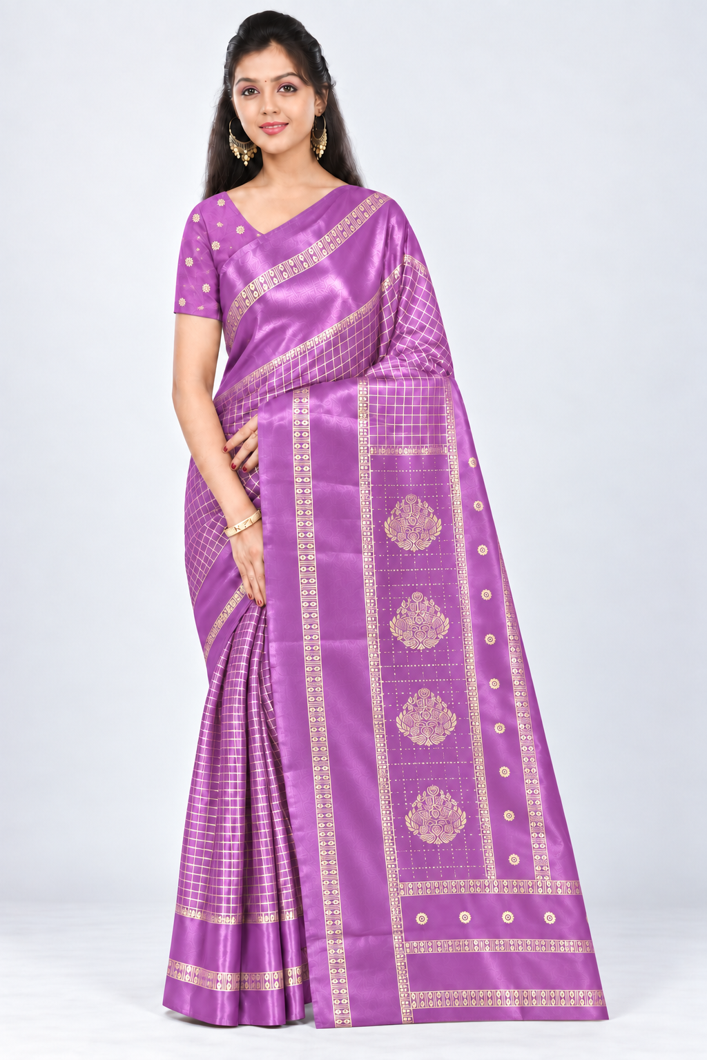 Front view of PARIS BEAUTY light orchid purple Turkey Silk saree with gold-tone checks, decorative border and ornamental pallu.