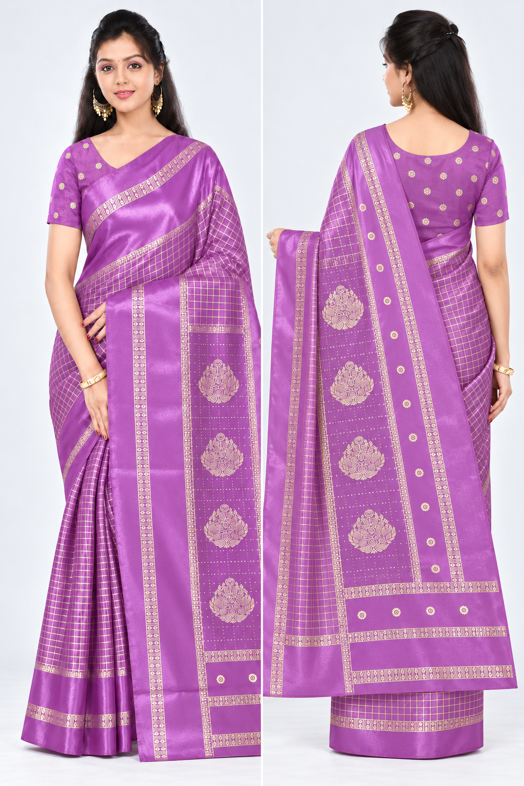 Front and back collage of PARIS BEAUTY light orchid purple Turkey Silk saree with gold-tone checks, decorative border and ornamental pallu.
