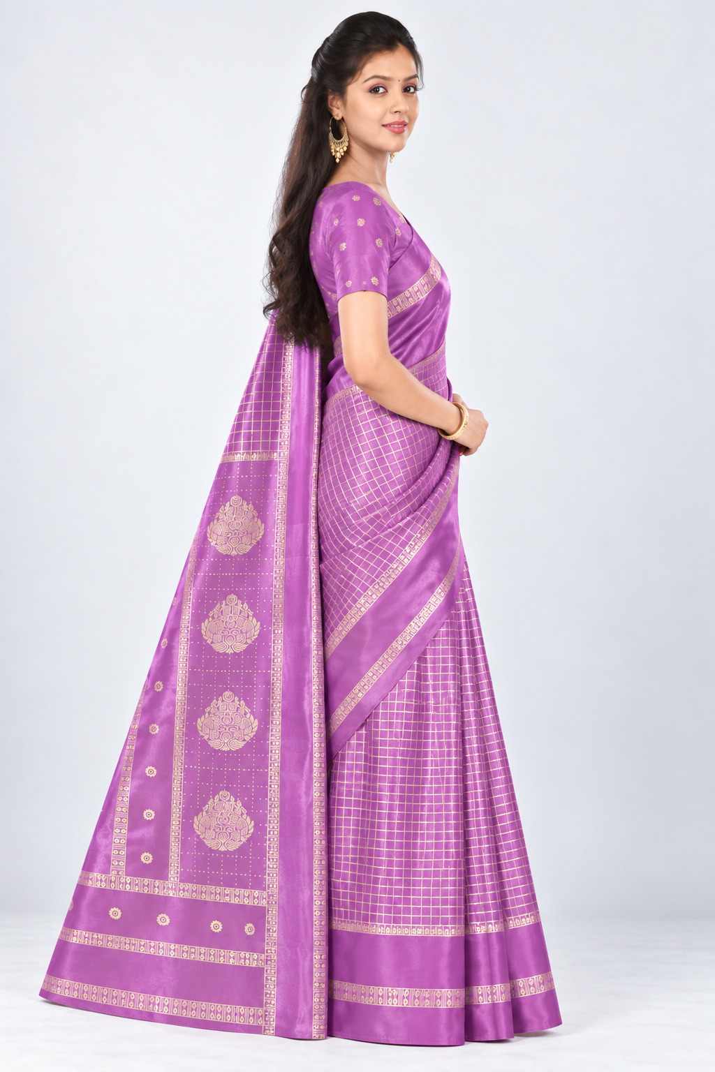 Side view of PARIS BEAUTY light orchid purple Turkey Silk saree with gold-tone checks, decorative border and ornamental pallu.