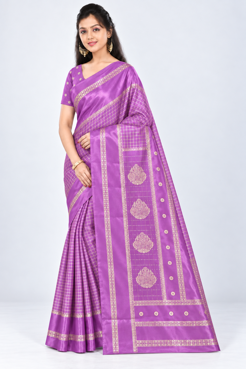 Three-quarter view of PARIS BEAUTY light orchid purple Turkey Silk saree with gold-tone checks, decorative border and ornamental pallu.