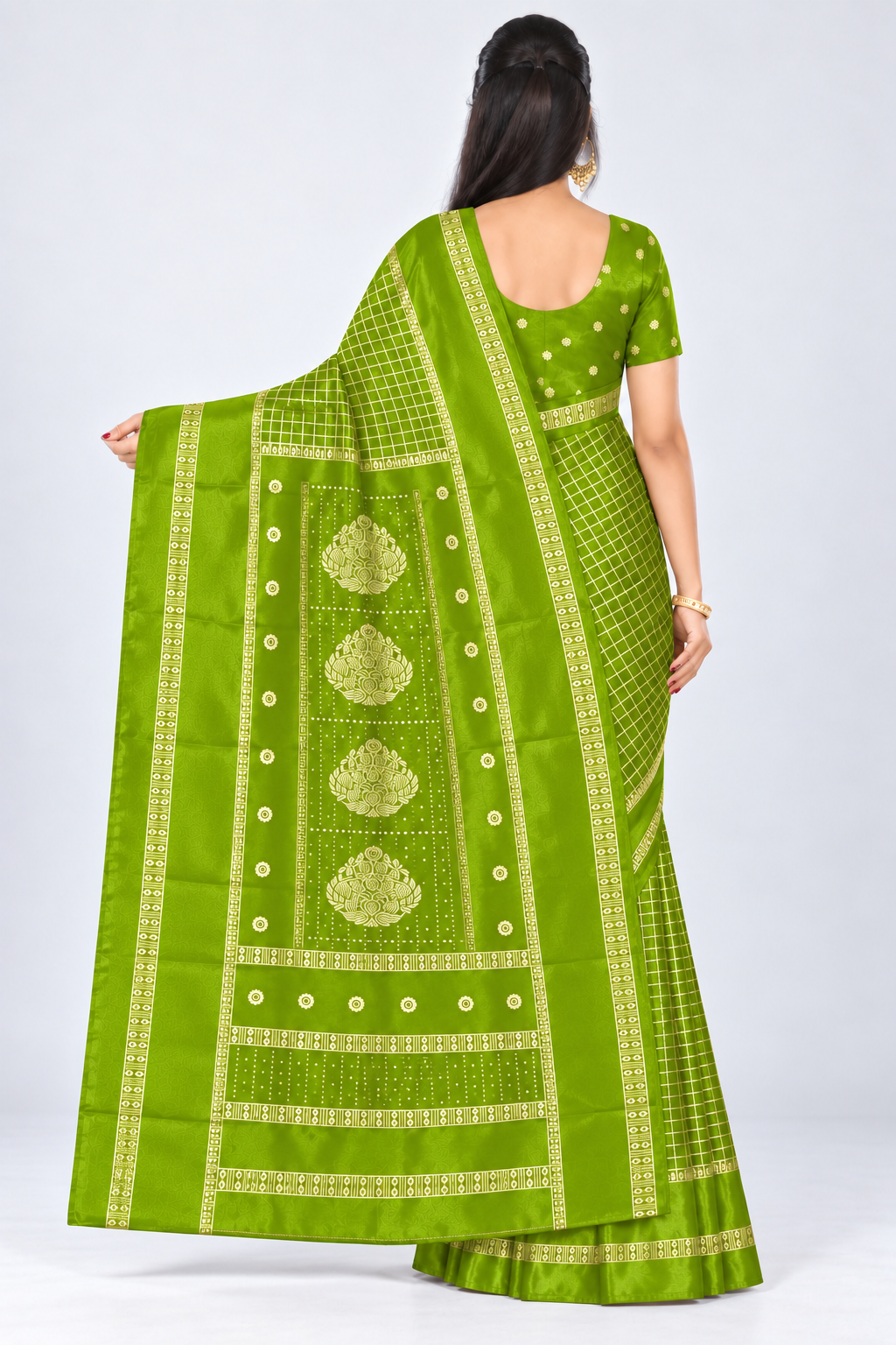 Back view of PARIS BEAUTY lime green Turkey Silk saree with gold-tone checks, decorative border and ornamental pallu.