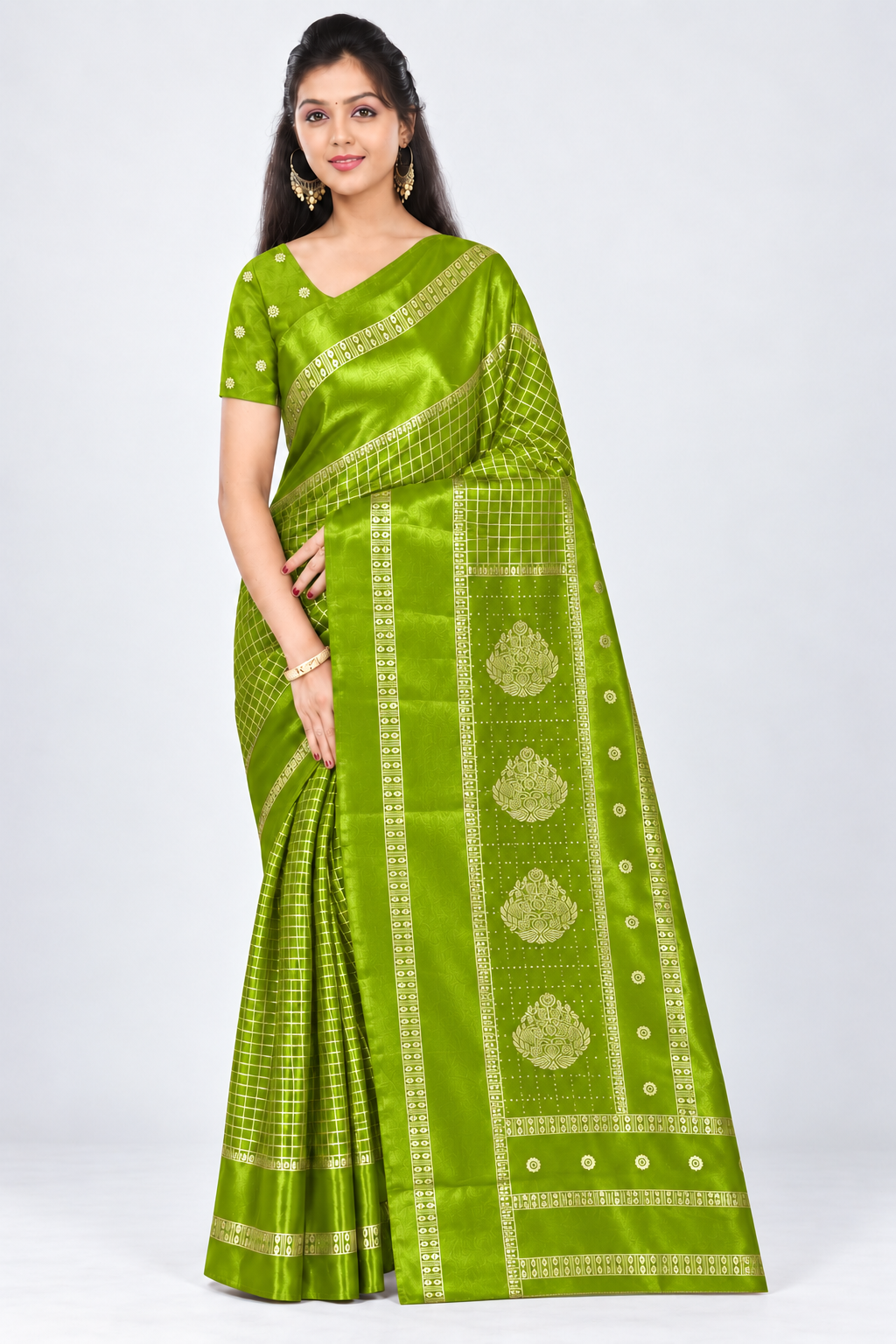 Front view of PARIS BEAUTY lime green Turkey Silk saree with gold-tone checks, decorative border and ornamental pallu.