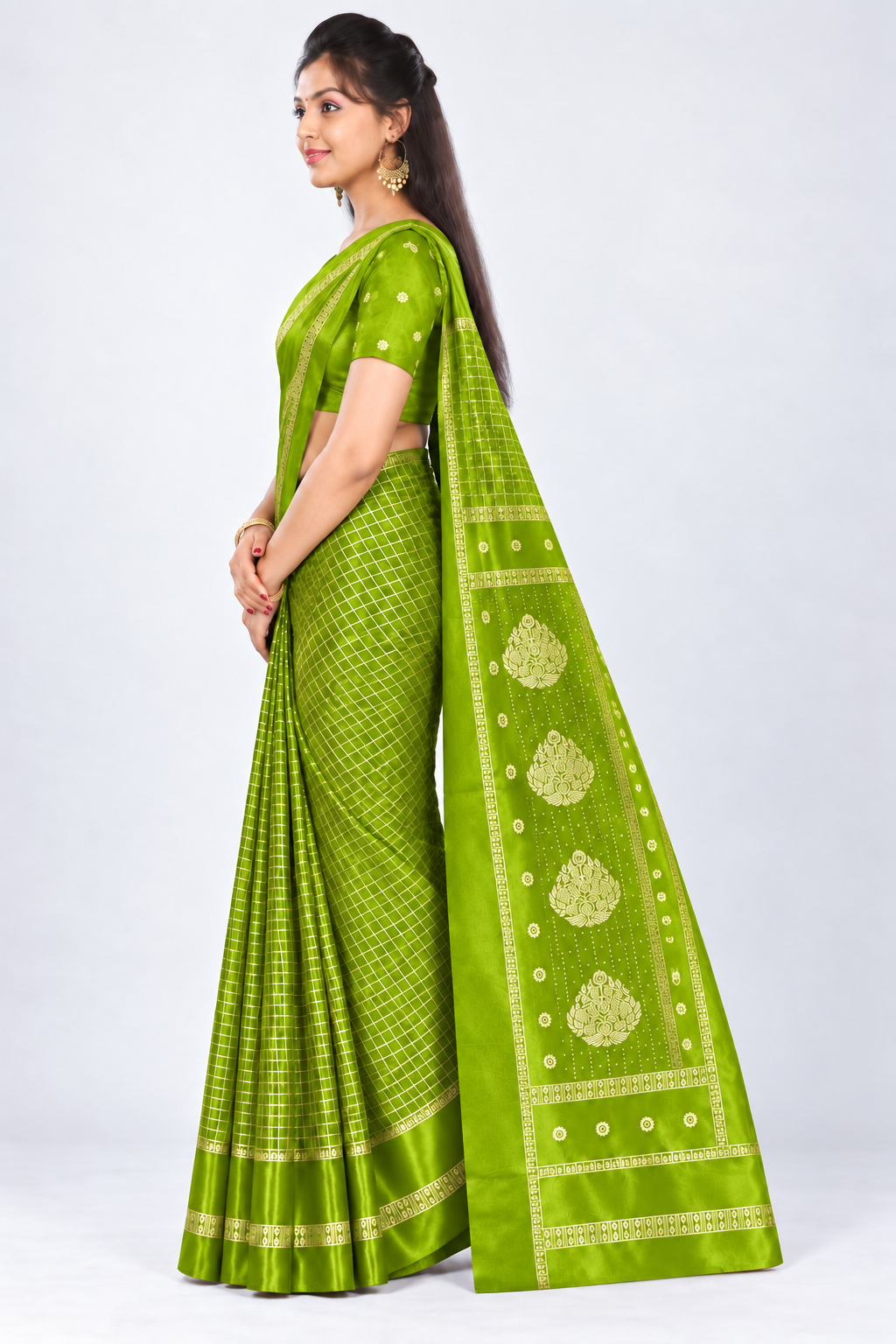 Side view of PARIS BEAUTY lime green Turkey Silk saree with gold-tone checks, decorative border and ornamental pallu.