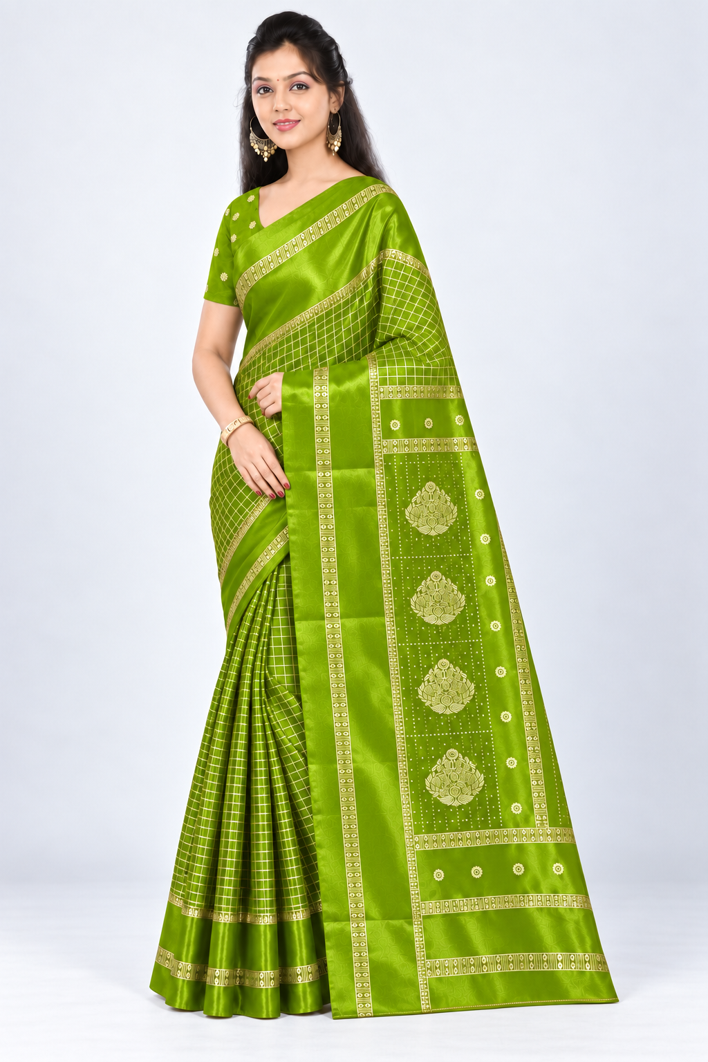 Three-quarter view of PARIS BEAUTY lime green Turkey Silk saree with gold-tone checks, decorative border and ornamental pallu.