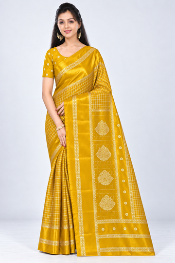 Front view of PARIS BEAUTY mustard yellow Turkey Silk saree with gold-tone checks, decorative border and ornamental pallu.
