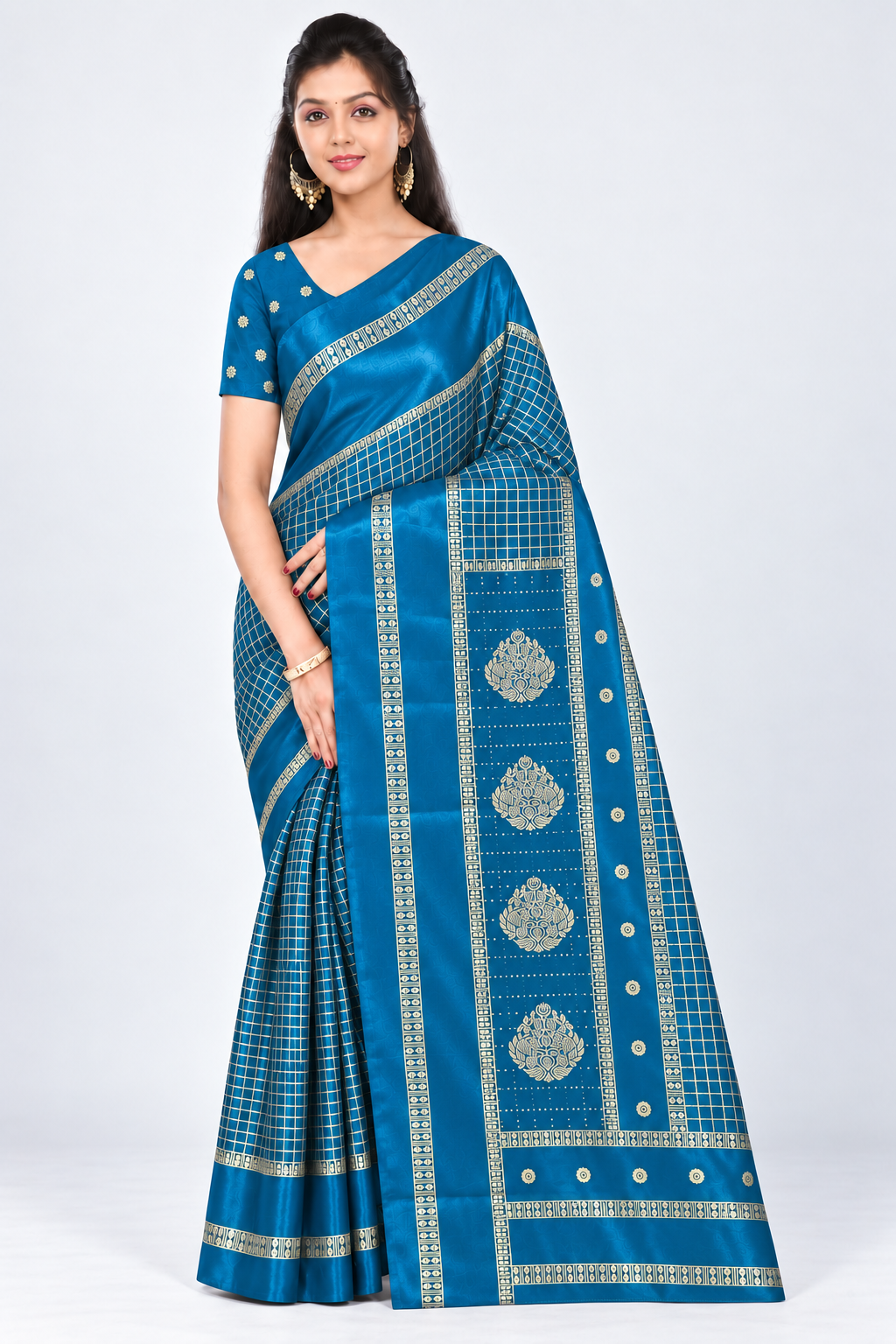 Front view of PARIS BEAUTY peacock blue Turkey Silk saree with gold-tone checks, decorative border and ornamental pallu.