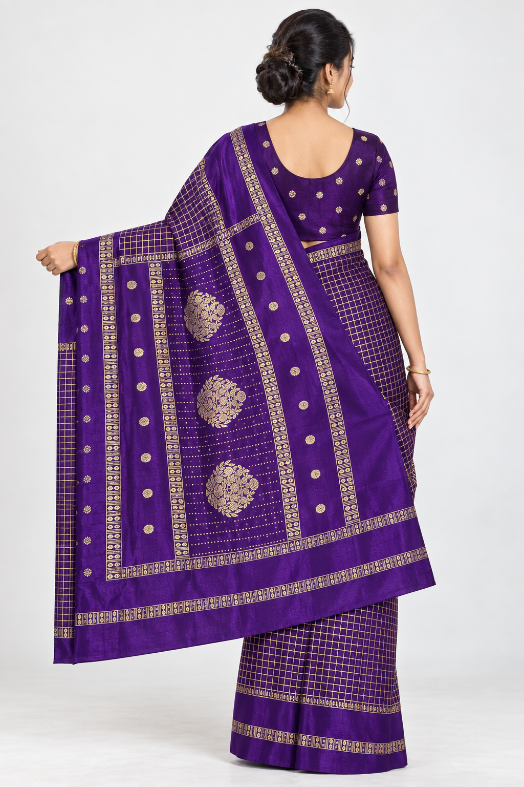 Back view of PARIS BEAUTY plum purple Turkey Silk saree with gold-tone checks, decorative border and ornamental pallu.