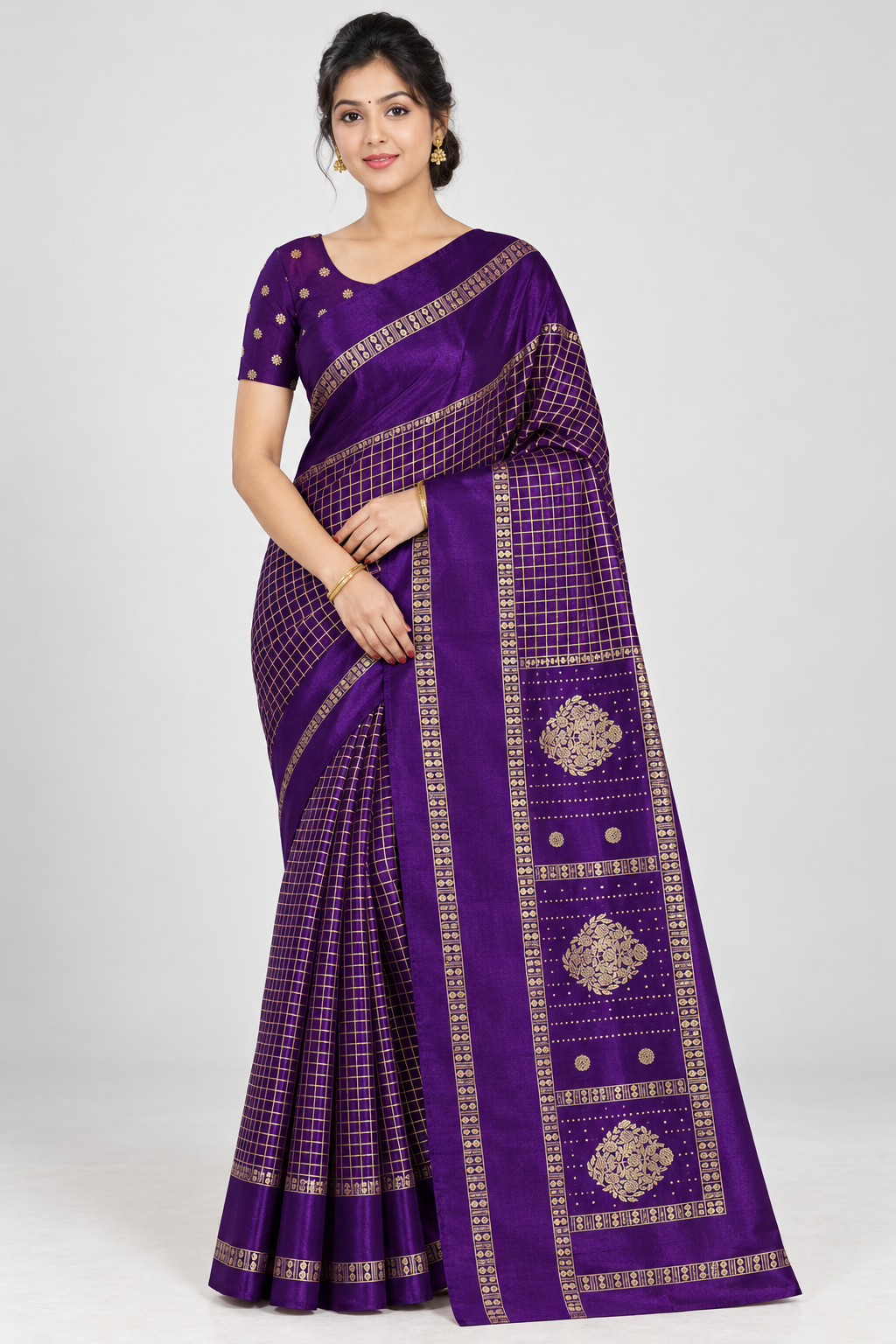 Front view of PARIS BEAUTY plum purple Turkey Silk saree with gold-tone checks, decorative border and ornamental pallu.