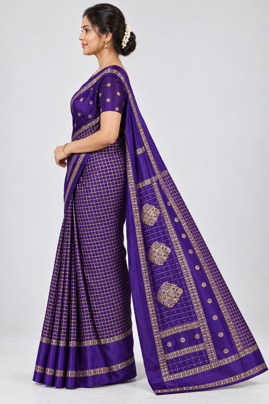 Side view of PARIS BEAUTY plum purple Turkey Silk saree with gold-tone checks, decorative border and ornamental pallu.