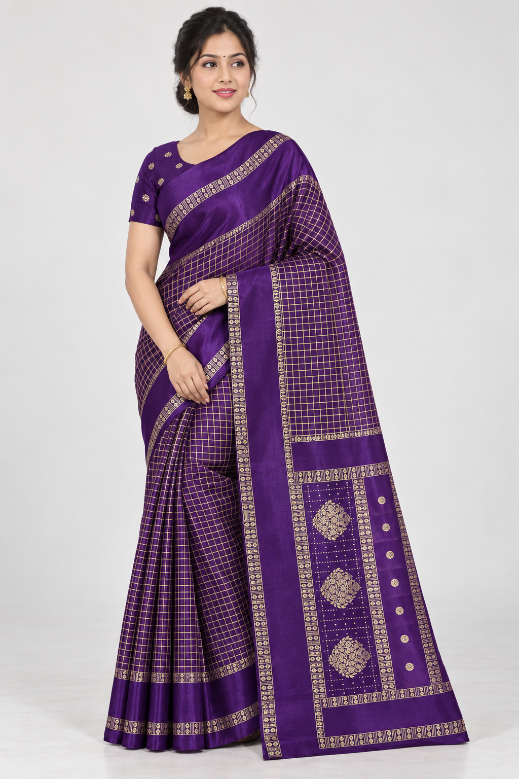 Three-quarter view of PARIS BEAUTY plum purple Turkey Silk saree with gold-tone checks, decorative border and ornamental pallu.