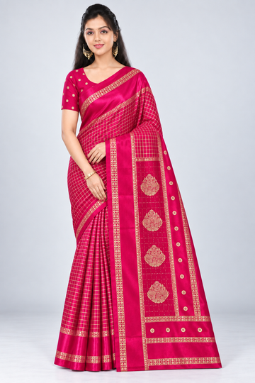 Front view of PARIS BEAUTY rani pink Turkey Silk saree with gold-tone checks, decorative border and ornamental pallu.