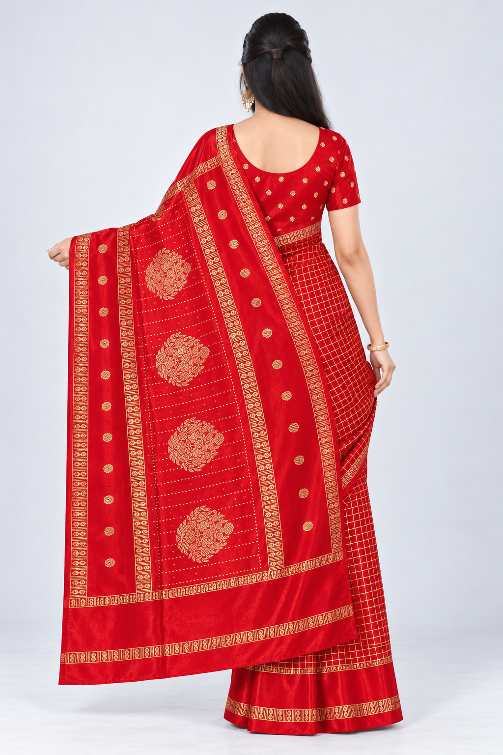 Back view of PARIS BEAUTY red Turkey Silk saree with gold-tone checks, decorative border and ornamental pallu.