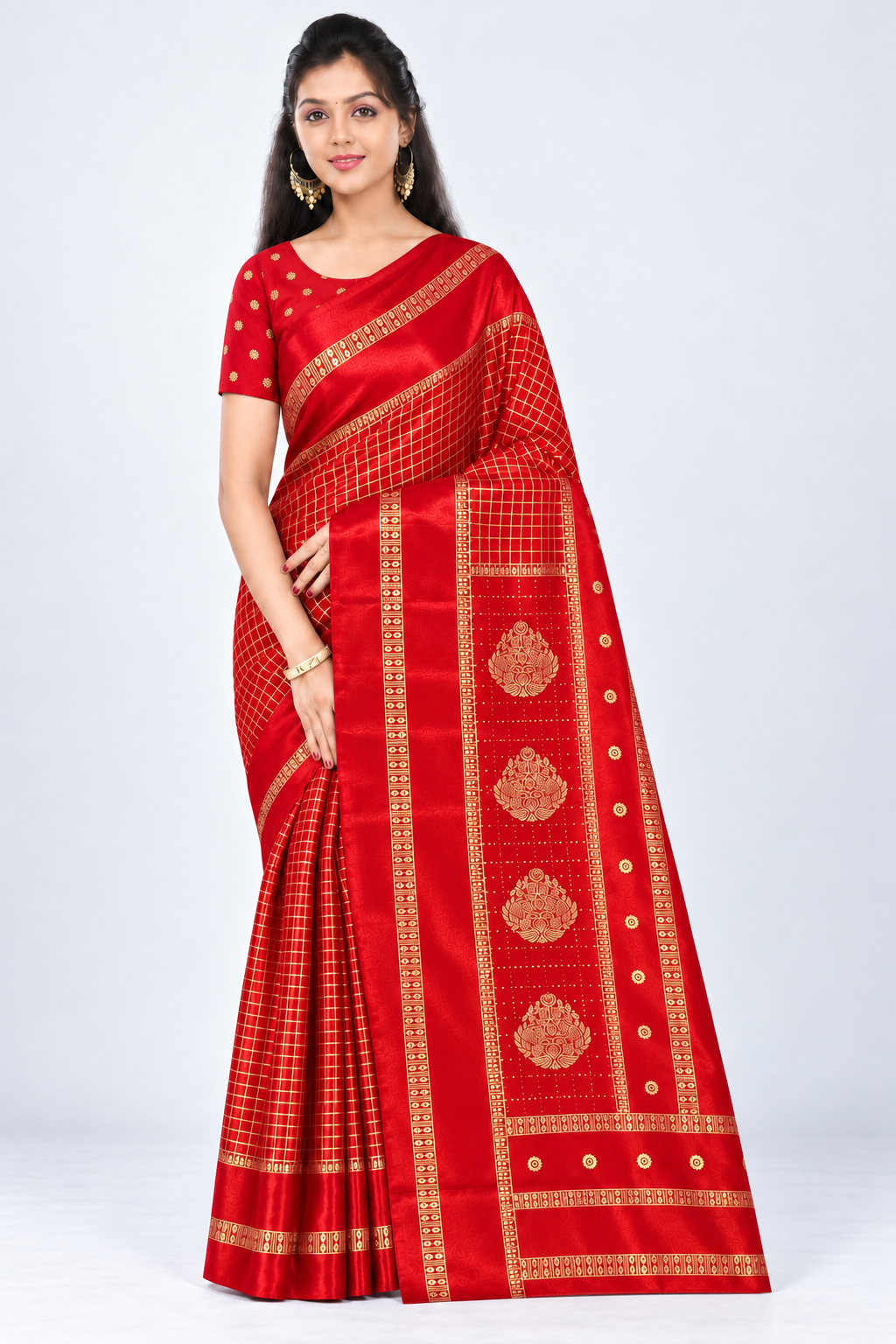 Front view of PARIS BEAUTY red Turkey Silk saree with gold-tone checks, decorative border and ornamental pallu.