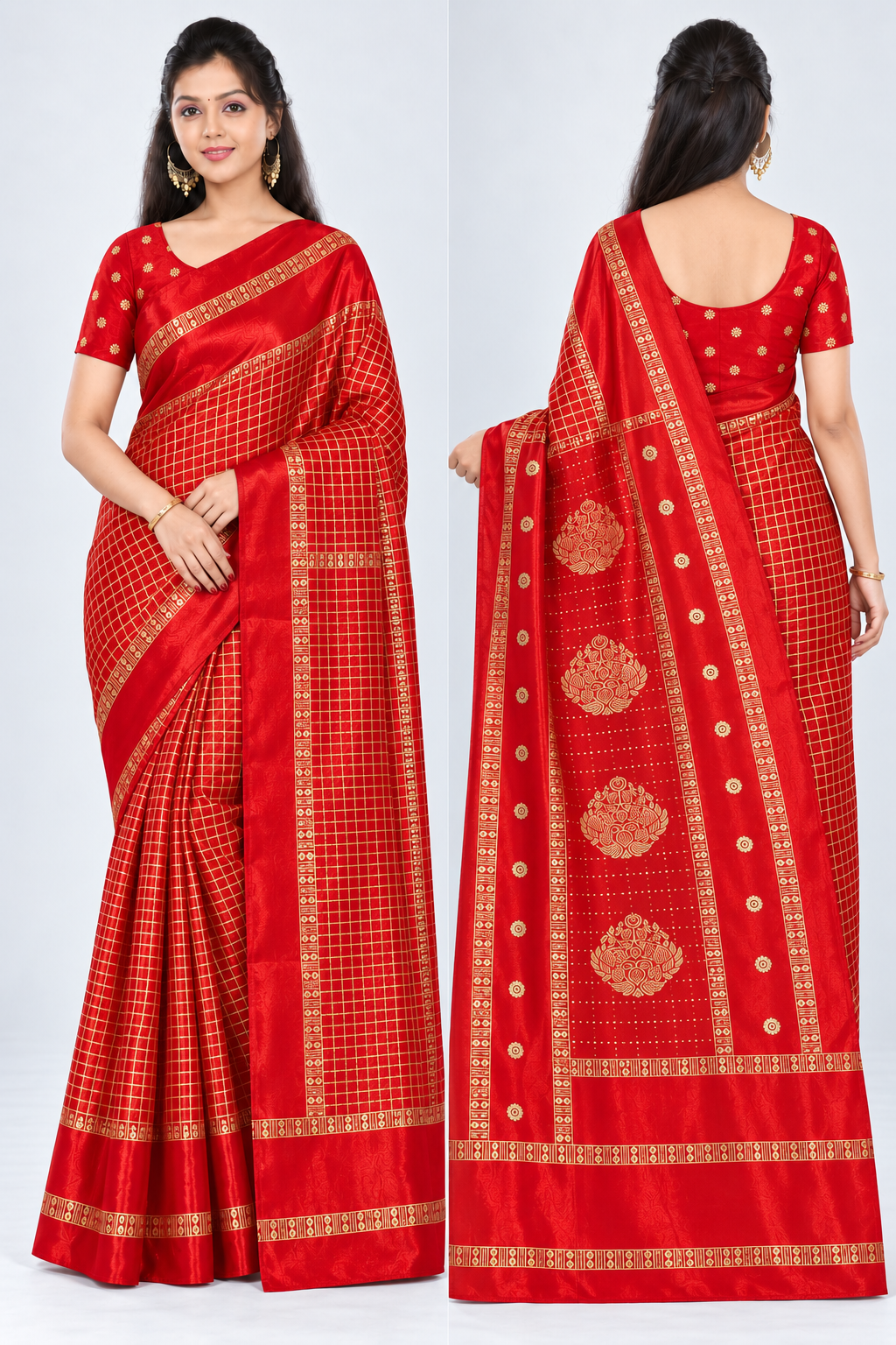 Front and back collage of PARIS BEAUTY red Turkey Silk saree with gold-tone checks, decorative border and ornamental pallu.