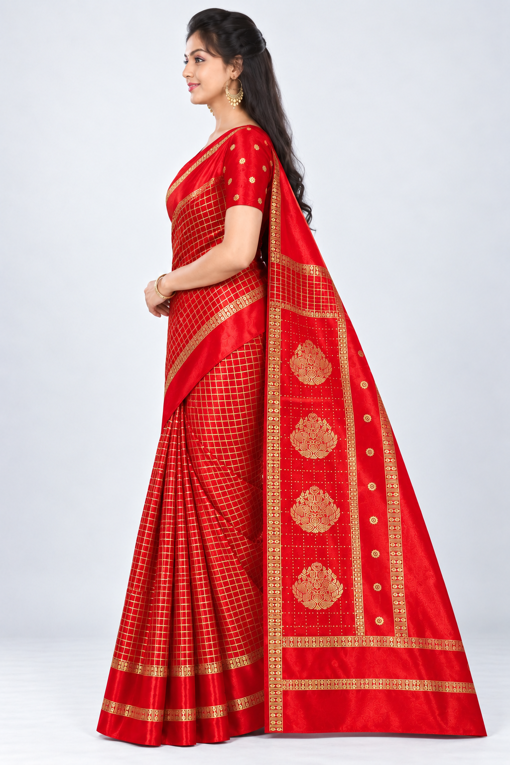 Side view of PARIS BEAUTY red Turkey Silk saree with gold-tone checks, decorative border and ornamental pallu.