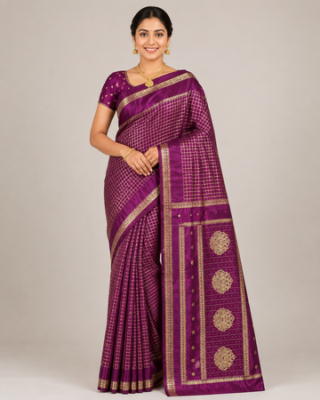 Front view of PARIS BEAUTY wine Turkey Silk saree with gold-tone checks, decorative border and ornamental pallu.