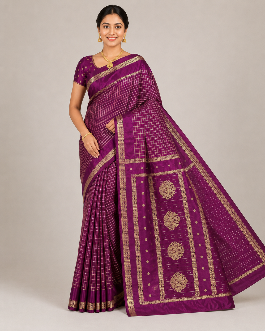 Front view with pallu extended of PARIS BEAUTY wine Turkey Silk saree with gold-tone checks, decorative border and ornamental pallu.