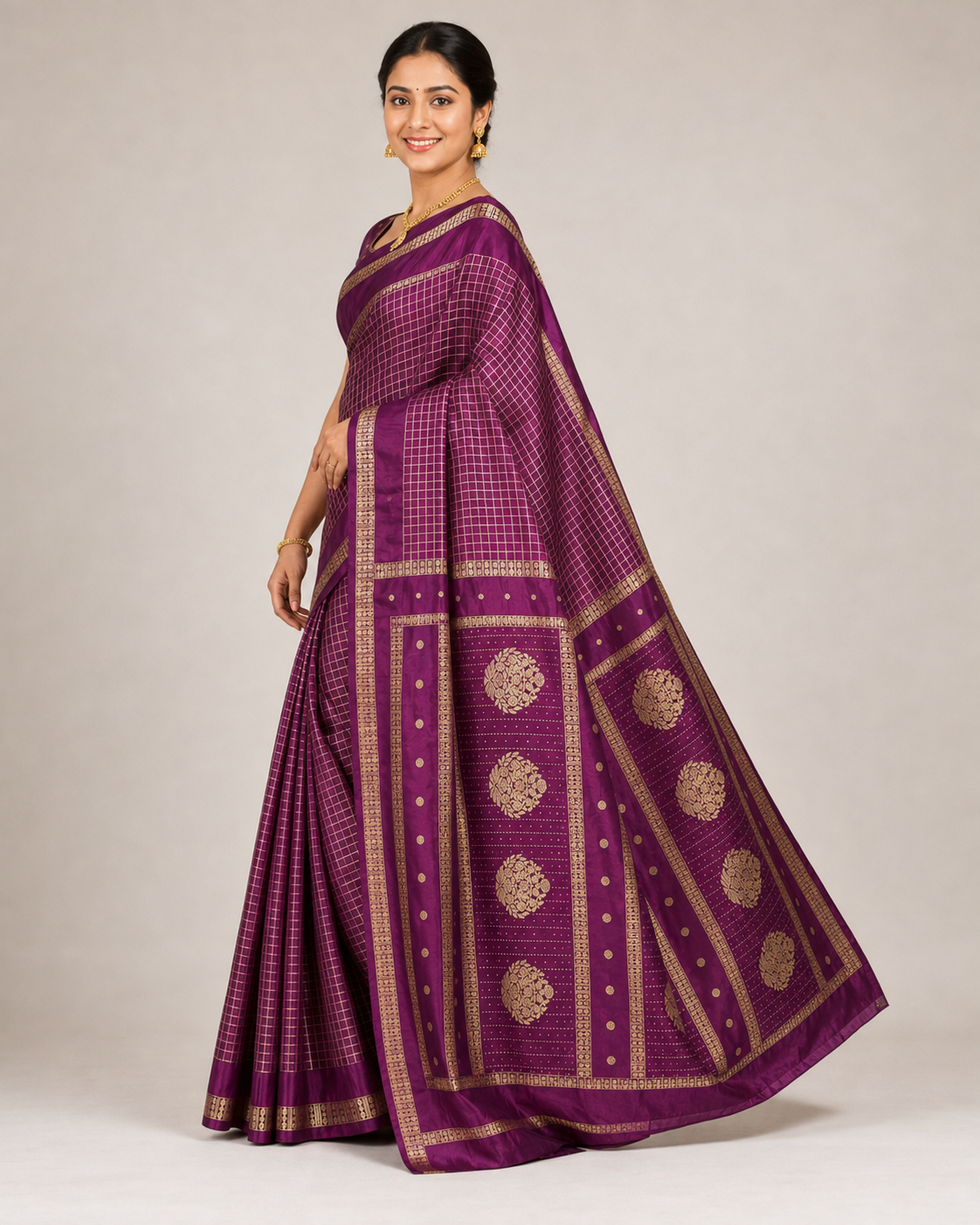 Side view of PARIS BEAUTY wine Turkey Silk saree with gold-tone checks, decorative border and ornamental pallu.