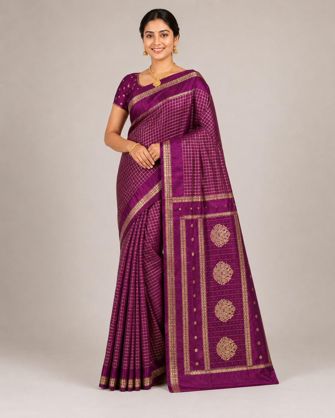 Three-quarter view of PARIS BEAUTY wine Turkey Silk saree with gold-tone checks, decorative border and ornamental pallu.