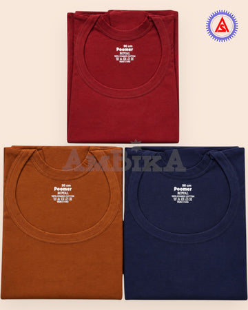 Three folded Poomer cotton half-sleeve vests in assorted colours