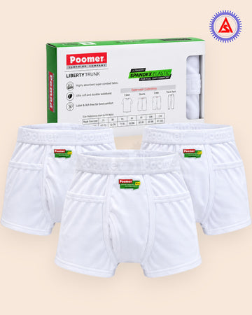 Poomer Liberty white pocket trunks pack of three front with packaging
