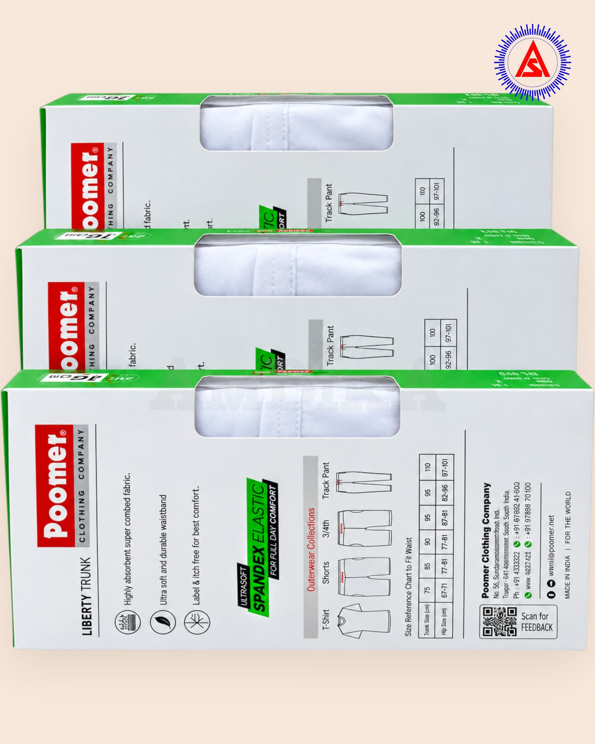 Poomer Liberty trunk packaging and size chart