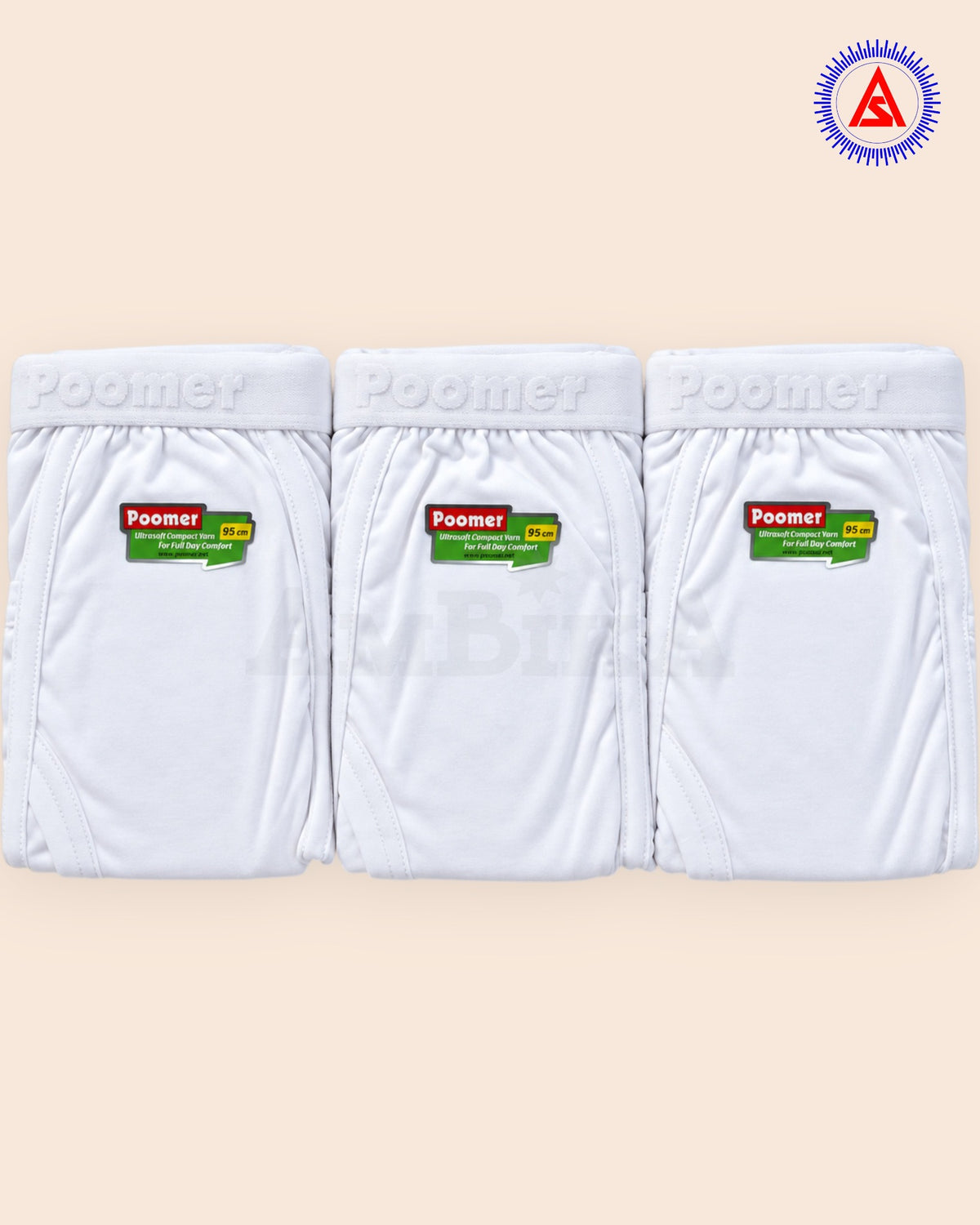 Three folded Poomer Liberty white trunks