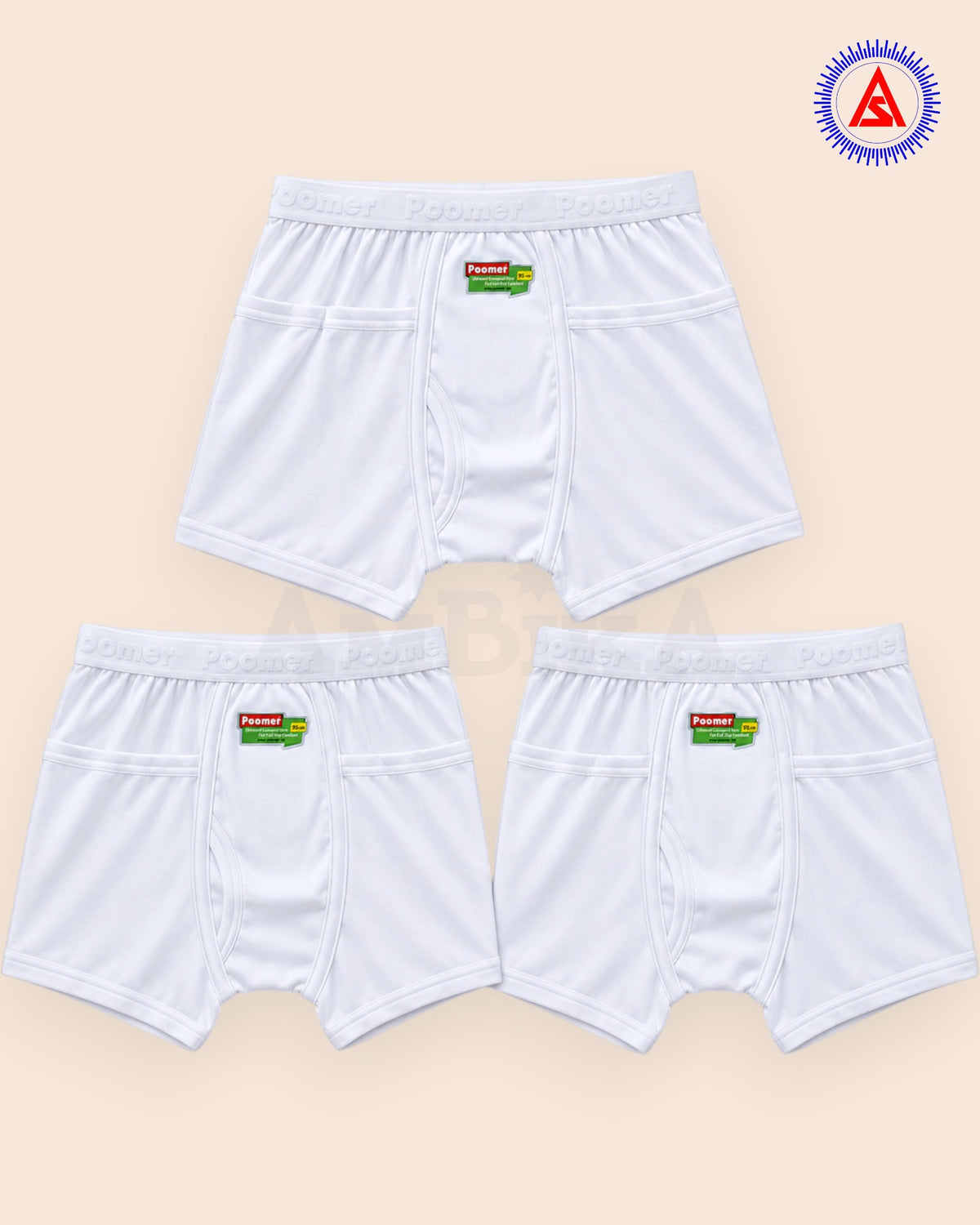 Three Poomer Liberty white trunks front view