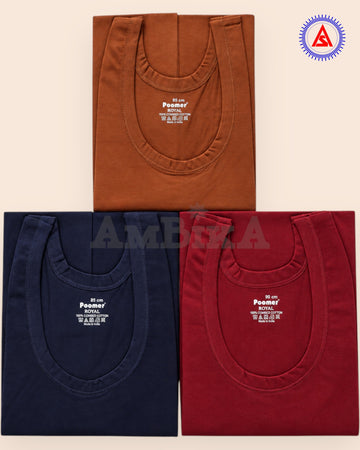 Poomer Royal cotton sleeveless vests pack of 3 in assorted brown navy and maroon colours