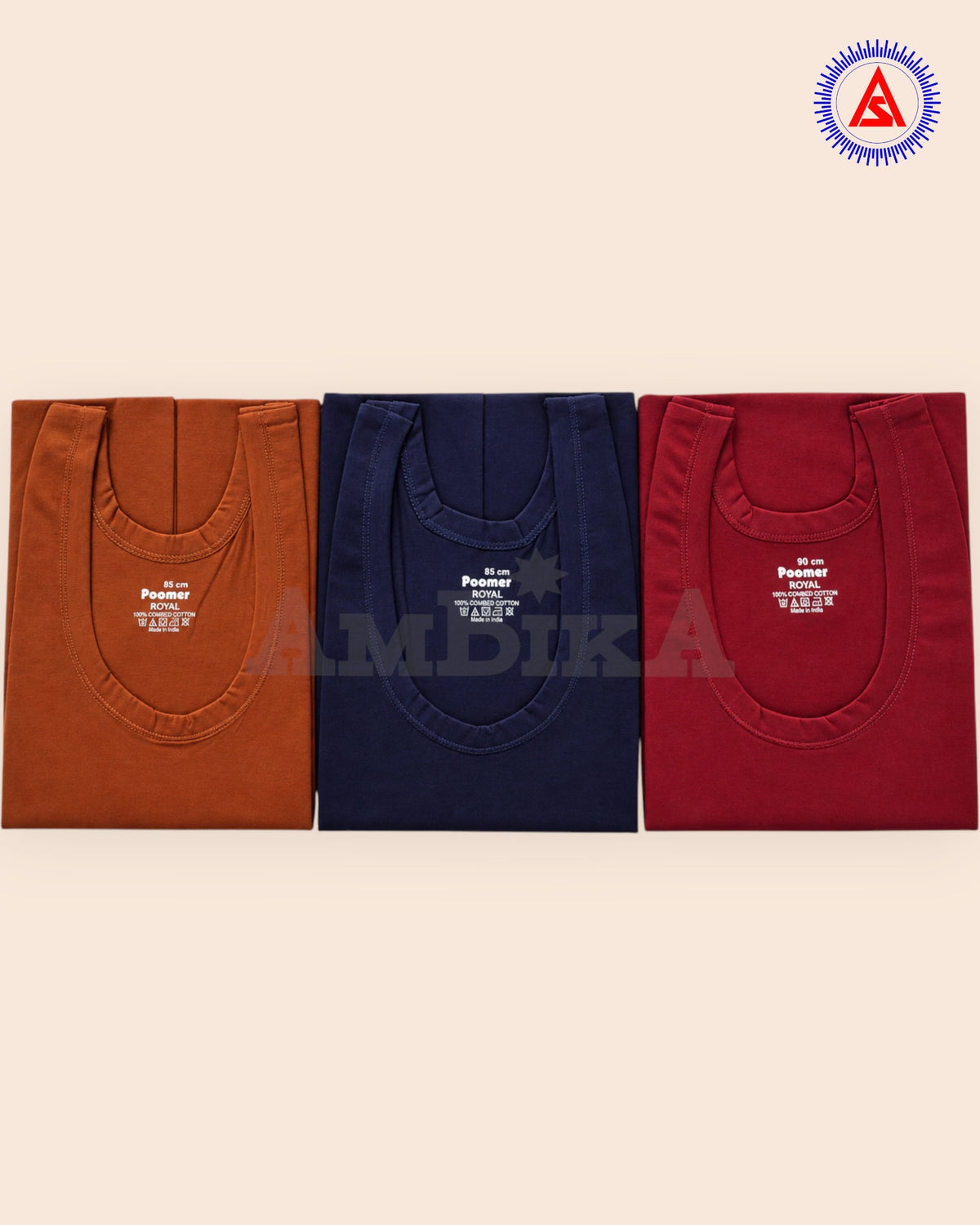Three folded Poomer Royal cotton baniyan vests in assorted colours