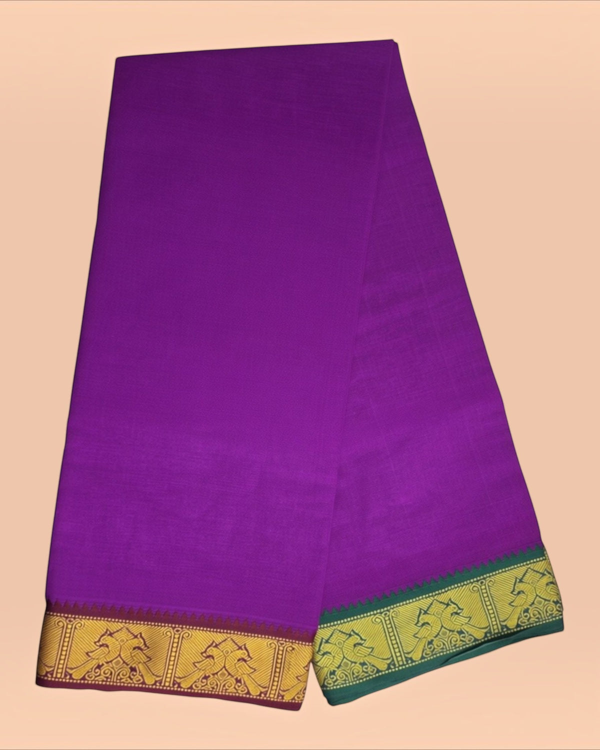 Purple cotton Panchakacham dhoti and matching angavastram with gold jacquard border
