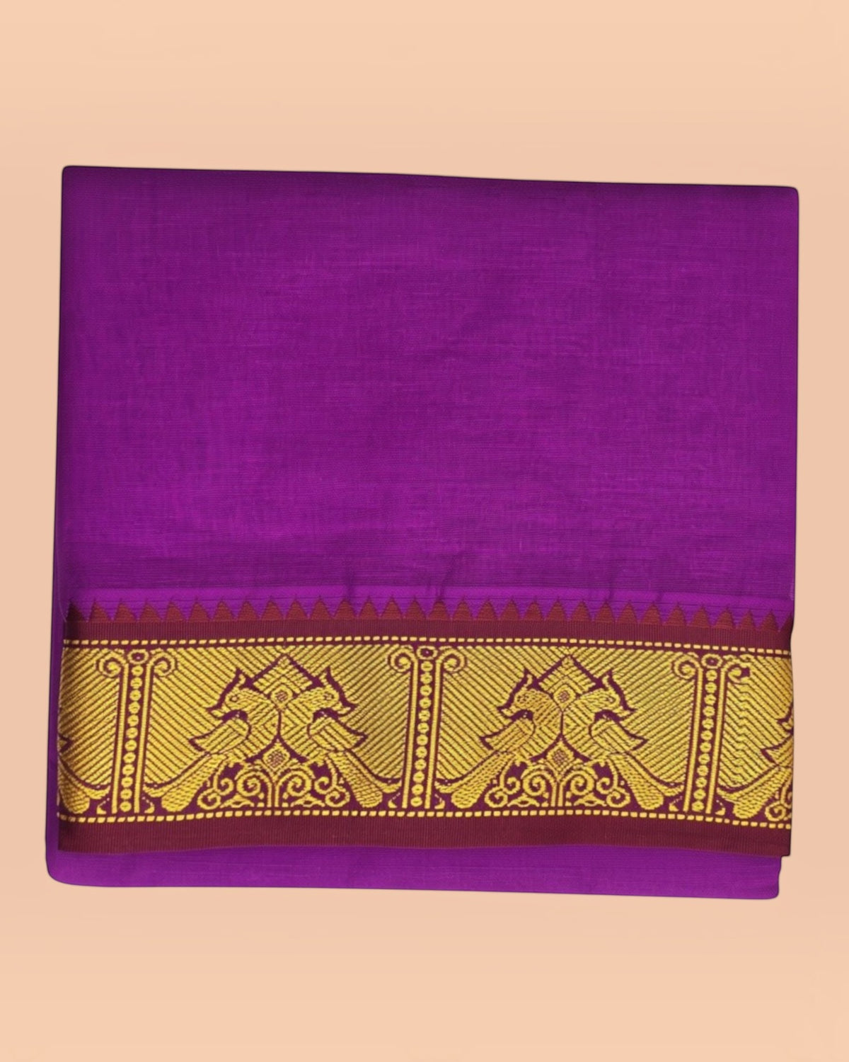 Purple cotton Panchakacham gold and maroon jacquard border close-up