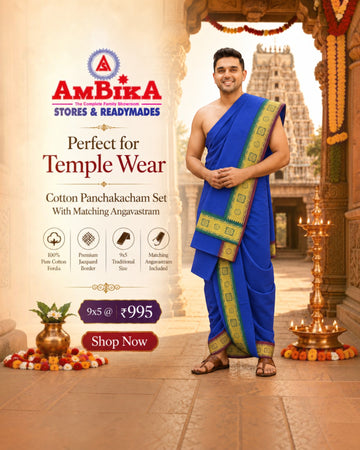 Men wearing royal blue cotton Panchakacham dhoti with matching angavastram for temple wear