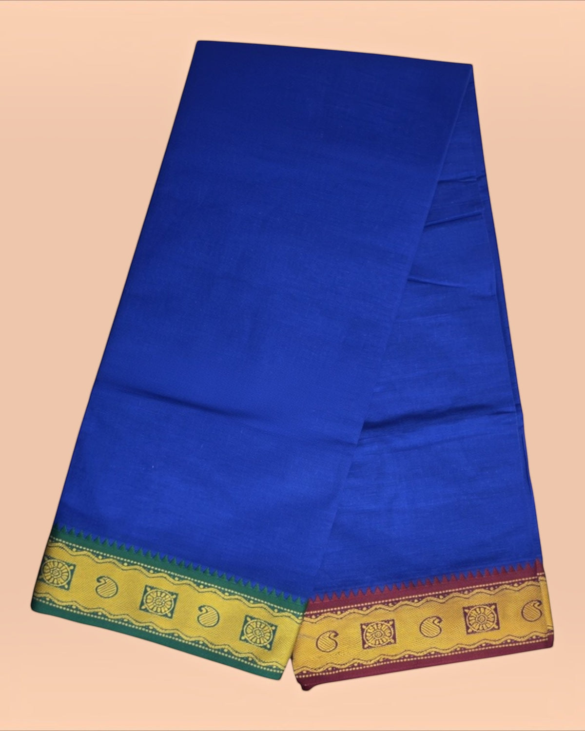 Royal blue cotton Panchakacham dhoti and matching angavastram with traditional borders