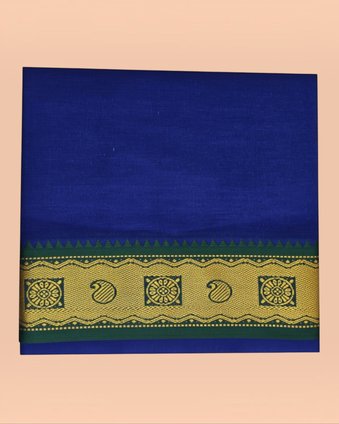 Men wearing royal blue cotton Panchakacham dhoti with matching angavastram for temple wear