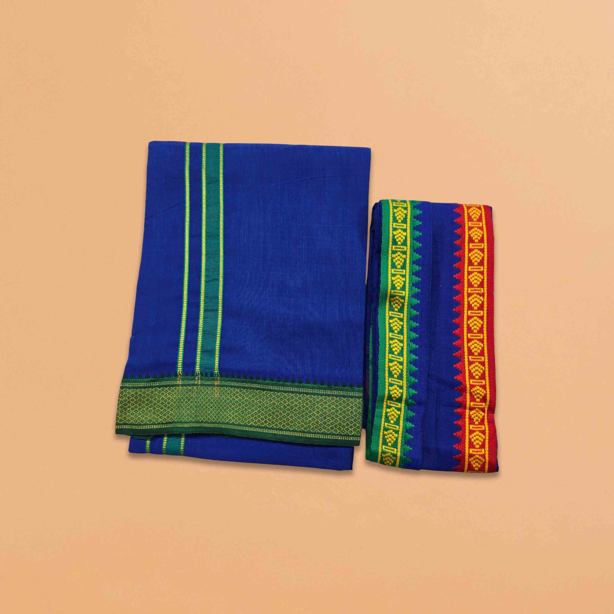 Cotton Dhoti and Angavastram Set (COLOR, Size:Length:73 inch X 185 cm, Width:47inhc X 120 cm) (1 Dhoti + 1 Angavastram) Pack of 2 Piece- blue