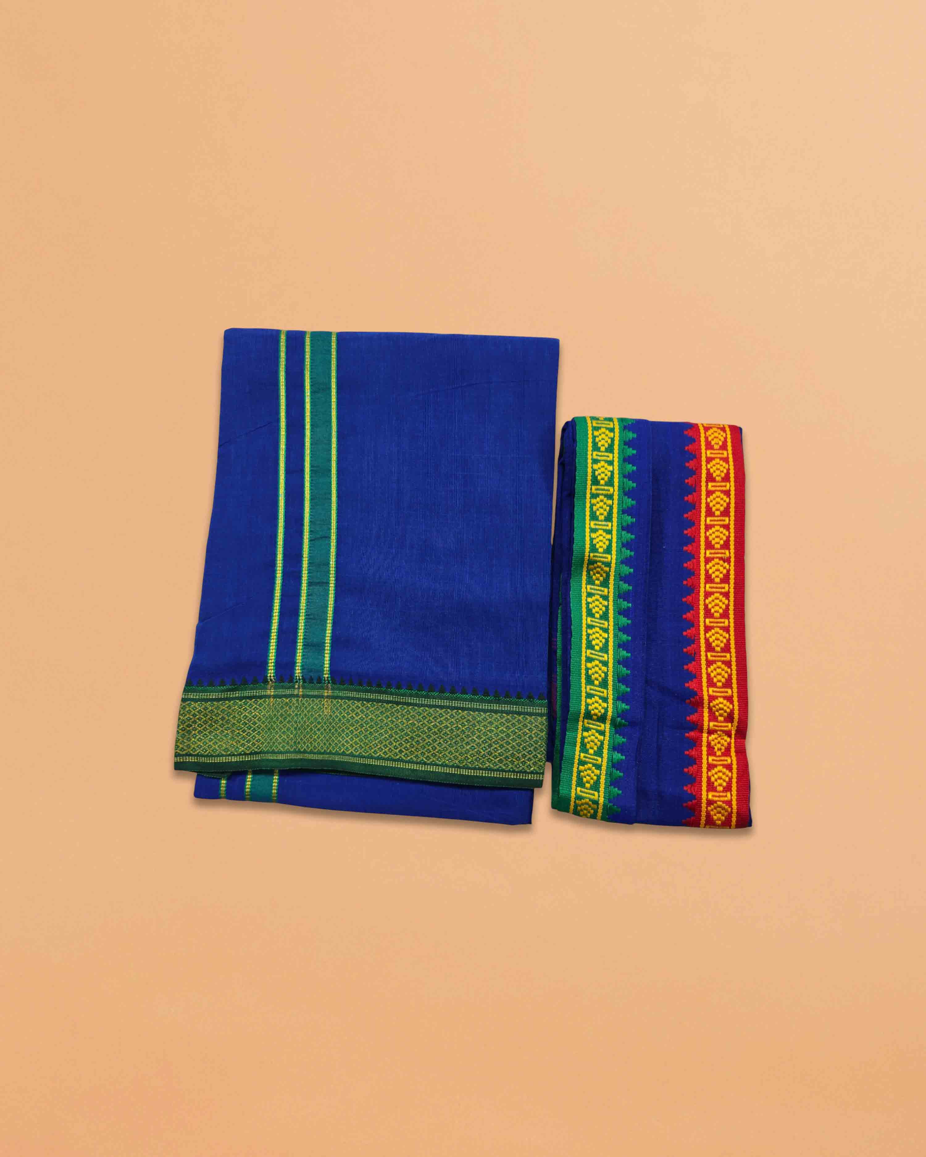 Cotton Dhoti and Angavastram Set (COLOR, Size:Length:73 inch X 185 cm, Width:47inhc X 120 cm) (1 Dhoti + 1 Angavastram) Pack of 2 Piece- blue