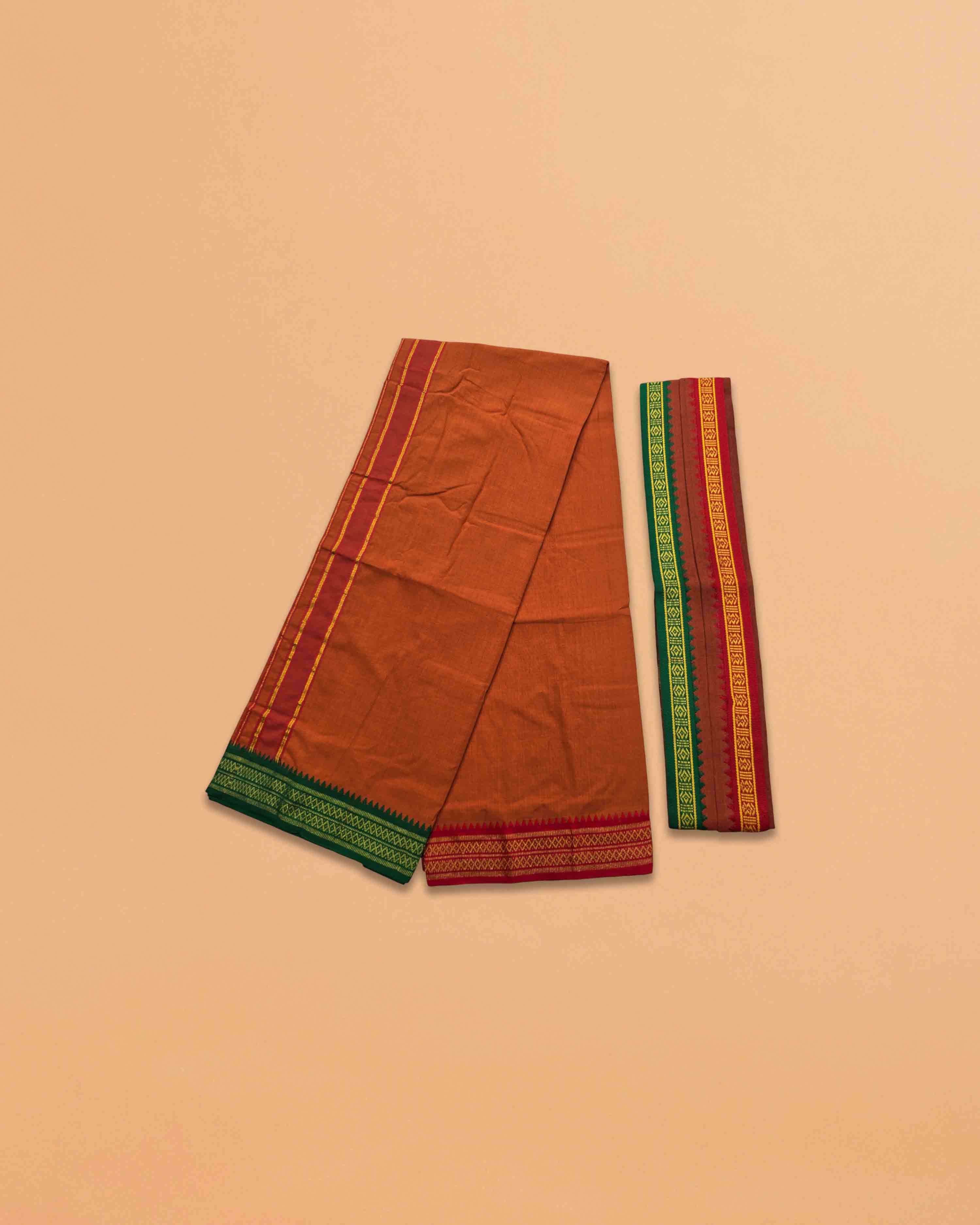 Cotton Dhoti and Angavastram Set (COLOR, Size:Length:73 inch X 185 cm, Width:47inhc X 120 cm) (1 Dhoti + 1 Angavastram) Pack of 2 Piece- kaavi